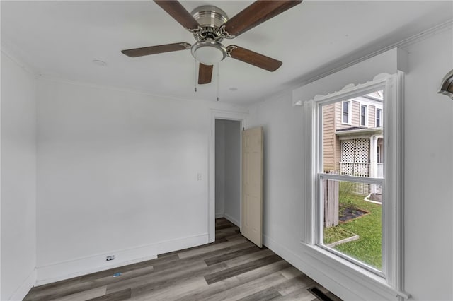 503 Main St, Oneonta, NY 13820 - empty room with wood finished floors, ceiling fan, and crown molding