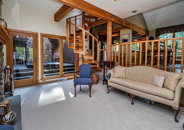 1929 Chard Rd, Cazenovia, NY 13035 - living room with carpet flooring, healthy amount of natural light, stairway, and lofted ceiling