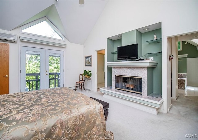 1929 Chard Rd, Cazenovia, NY 13035 - bedroom with access to outside, french doors, carpet floors, a high end fireplace, and a wall mounted air conditioner
