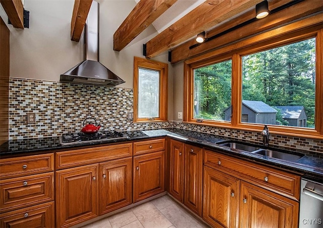 1929 Chard Rd, Cazenovia, NY 13035 - kitchen with gas cooktop, island exhaust hood, brown cabinets, backsplash, and stainless steel dishwasher