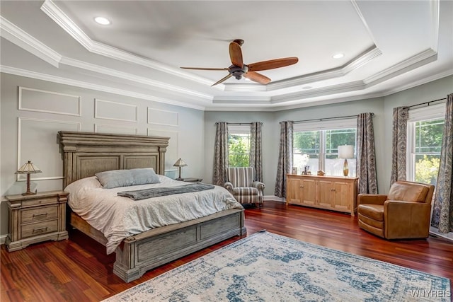 4614 Vrooman Dr, Lewiston, NY 14092 - bedroom with a tray ceiling, multiple windows, ornamental molding, wood finished floors, and ceiling fan