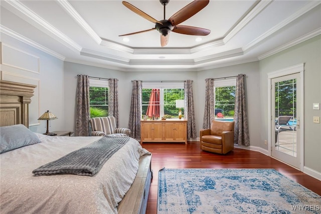 4614 Vrooman Dr, Lewiston, NY 14092 - bedroom featuring access to outside, a tray ceiling, wood finished floors, ornamental molding, and a ceiling fan