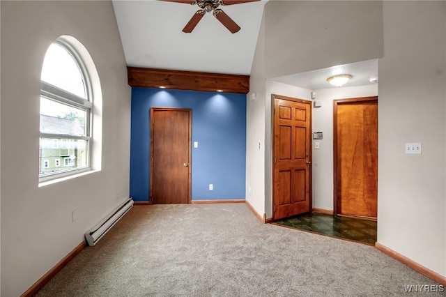74 Bush St, Buffalo, NY 14207 - unfurnished bedroom featuring a baseboard radiator, carpet flooring, and beamed ceiling