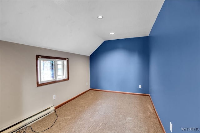 74 Bush St, Buffalo, NY 14207 - additional living space featuring a baseboard heating unit, carpet flooring, lofted ceiling, and recessed lighting