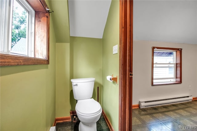 74 Bush St, Buffalo, NY 14207 - bathroom with a baseboard heating unit, lofted ceiling, and tile patterned floors