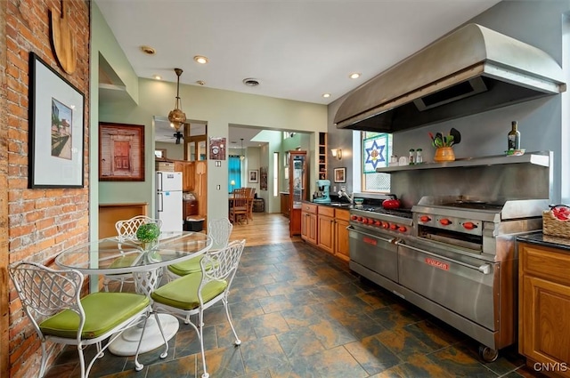 4 Jewett Pl, Utica, NY 13501 - kitchen featuring freestanding refrigerator, island exhaust hood, double oven range, dark stone finish flooring, and open shelves