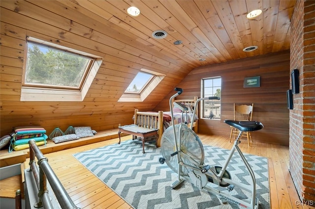 4 Jewett Pl, Utica, NY 13501 - workout room featuring wooden walls, lofted ceiling, hardwood / wood-style flooring, a skylight, and wood ceiling