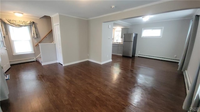 429 S Hamilton St, Watertown City, NY 13601 - unfurnished living room featuring baseboard heating, ornamental molding, dark wood-type flooring, and stairway