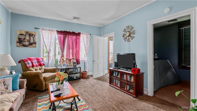 166 Elk St, Buffalo, NY 14210 - living area featuring ornamental molding and carpet flooring