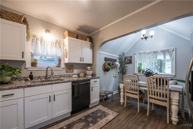 1 Mcbride St, Kirkland, NY 13323 - kitchen featuring dishwashing machine, dark wood-type flooring, white cabinetry, dark stone counters, and lofted ceiling