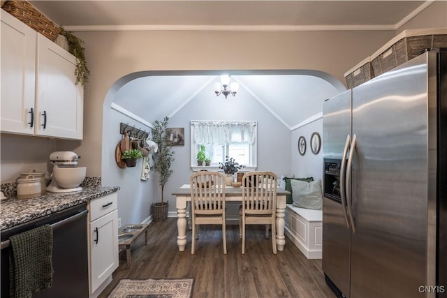1 Mcbride St, Kirkland, NY 13323 - kitchen featuring stainless steel refrigerator with ice dispenser, arched walkways, dishwashing machine, dark wood-style floors, and white cabinets