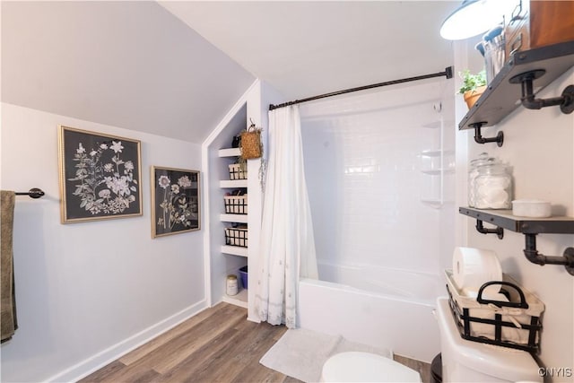 1 Mcbride St, Kirkland, NY 13323 - full bathroom with wood finished floors, shower / bathtub combination with curtain, and lofted ceiling