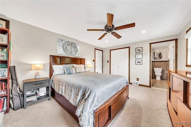 17 Treehaven Rd, West Seneca, NY 14224 - bedroom featuring light carpet, ensuite bathroom, a closet, recessed lighting, and ceiling fan