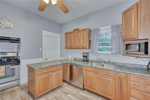 2360 Harris Rd, Palmyra, NY 14522 - kitchen featuring appliances with stainless steel finishes, extractor fan, a ceiling fan, and light wood finished floors