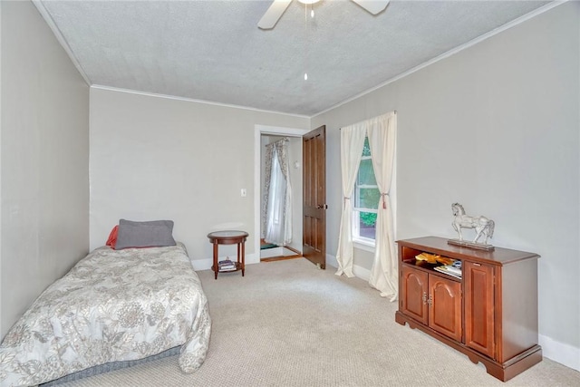 2360 Harris Rd, Palmyra, NY 14522 - bedroom with crown molding, light colored carpet, a ceiling fan, and a textured ceiling