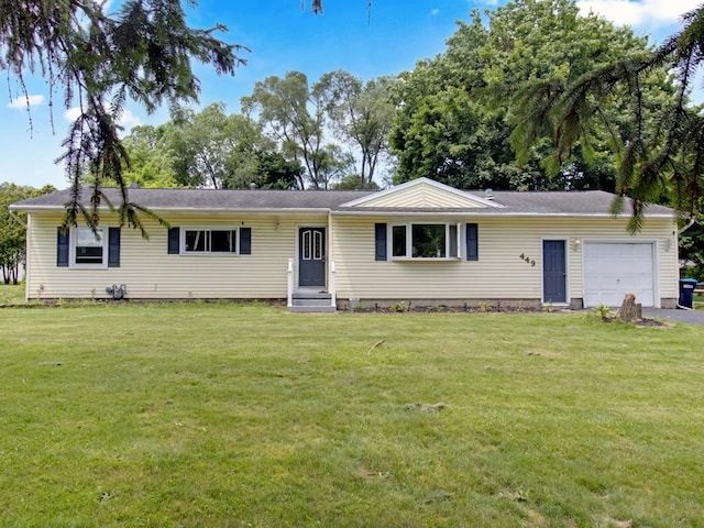 449 Pinnacle Rd, Henrietta, NY 14623 - ranch-style home featuring an attached garage, a front lawn, and entry steps