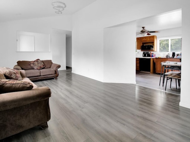 449 Pinnacle Rd, Henrietta, NY 14623 - living room with lofted ceiling, light wood-style floors, and ceiling fan