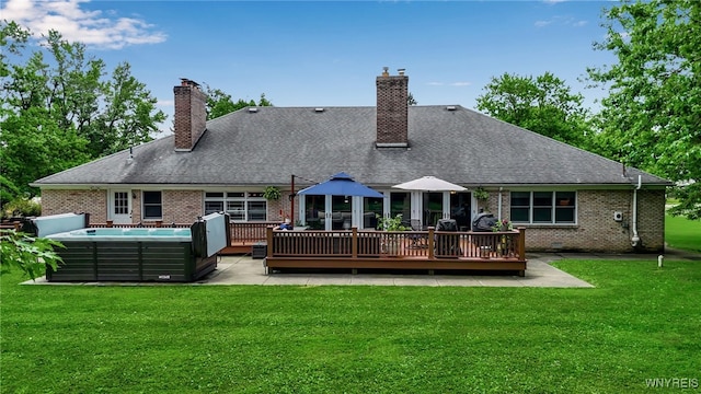 4901 Pineledge Dr W, Clarence, NY 14031 - back of house with brick siding, a wooden deck, an outdoor living space, a yard, and a chimney