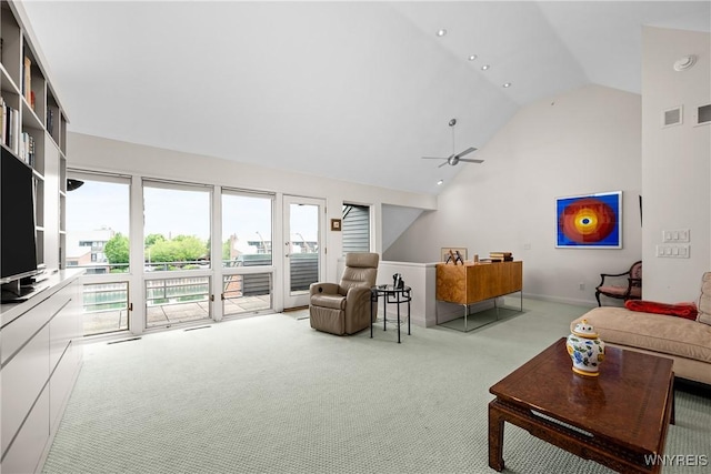 176 Rivermist Dr, Buffalo, NY 14202 - living area featuring carpet floors, ceiling fan, and high vaulted ceiling
