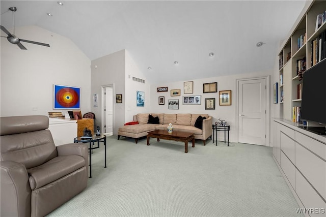 176 Rivermist Dr, Buffalo, NY 14202 - living room with light colored carpet, a ceiling fan, and high vaulted ceiling
