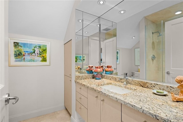 176 Rivermist Dr, Buffalo, NY 14202 - full bathroom with vanity, a shower stall, recessed lighting, tile patterned flooring, and vaulted ceiling