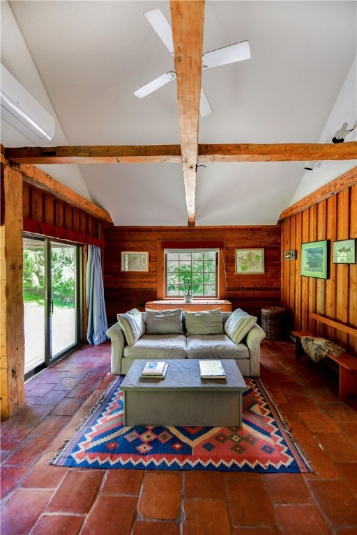 2943 Thompson Hollow Rd, Middletown, NY 12455 - living room with wood walls and ceiling fan