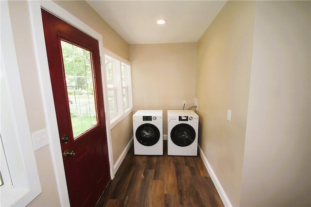 38 Spring St, Sweden, NY 14420 - laundry area featuring washer and dryer, dark wood finished floors, and recessed lighting