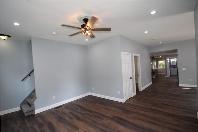38 Spring St, Sweden, NY 14420 - unfurnished living room with a ceiling fan, dark wood finished floors, recessed lighting, and stairs