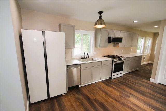 38 Spring St, Sweden, NY 14420 - kitchen featuring stainless steel appliances, dark wood-style floors, light countertops, and recessed lighting