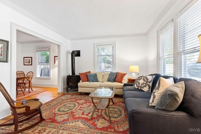 6 Union St, Cazenovia, NY 13035 - living area with wood finished floors, crown molding, and a wood stove