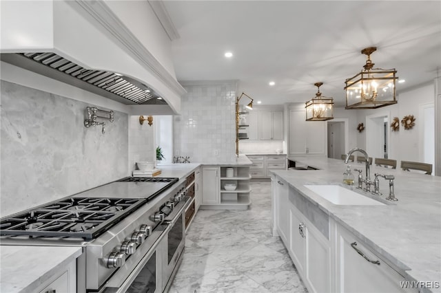 6862 Lake Shore Rd, Evans, NY 14047 - kitchen featuring custom range hood, double oven range, light marble finish flooring, white cabinetry, and recessed lighting