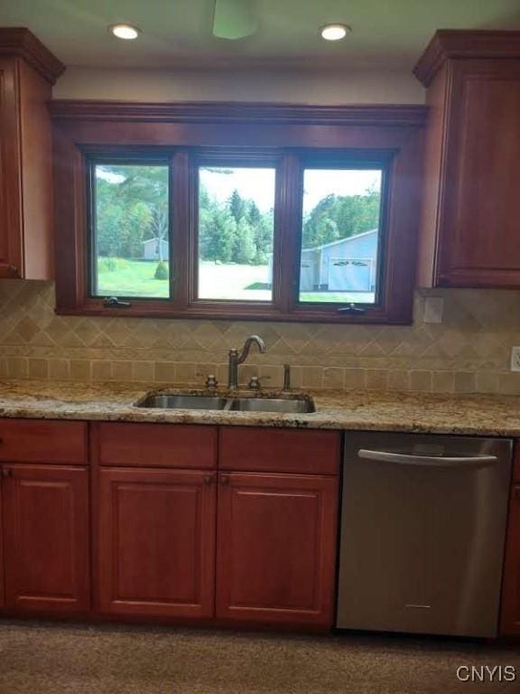 7408 Rome Oriskany Rd, Rome, NY 13440 - kitchen with dishwasher, tasteful backsplash, light stone counters, and recessed lighting