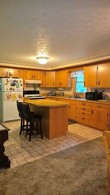 8198 Rte 46, Keating Town, PA 16749 - kitchen featuring freestanding refrigerator, stove, under cabinet range hood, a textured ceiling, and light tile patterned floors