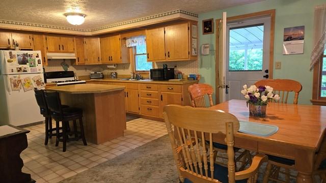 8198 Rte 46, Keating Town, PA 16749 - kitchen featuring freestanding refrigerator, under cabinet range hood, range, light countertops, and a center island