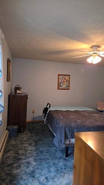 8198 Rte 46, Keating Town, PA 16749 - carpeted bedroom featuring a textured ceiling, ceiling fan, and baseboard heating