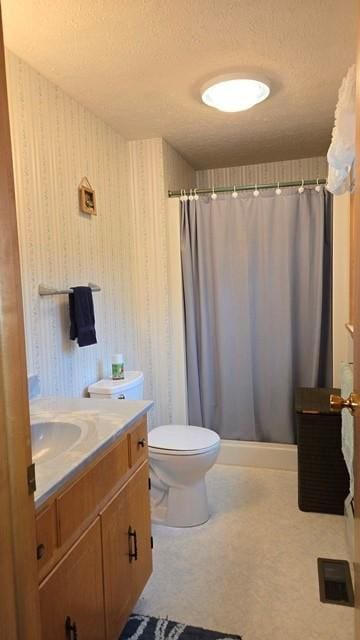 8198 Rte 46, Keating Town, PA 16749 - bathroom featuring vanity, a shower with curtain, wallpapered walls, and a textured ceiling