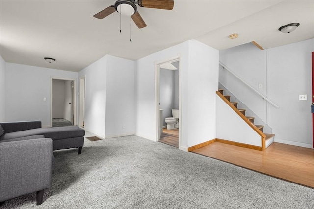113 Myrtle St, Leroy, NY 14482 - living room featuring ceiling fan, carpet, and stairs