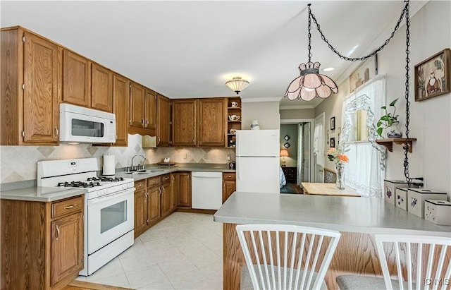 16 Vine Cir, Whitestown, NY 13492 - kitchen featuring white appliances, open shelves, a peninsula, decorative backsplash, and brown cabinetry