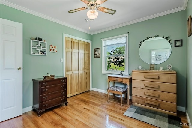 16 Vine Cir, Whitestown, NY 13492 - bedroom featuring light wood-style floors, crown molding, a closet, and ceiling fan