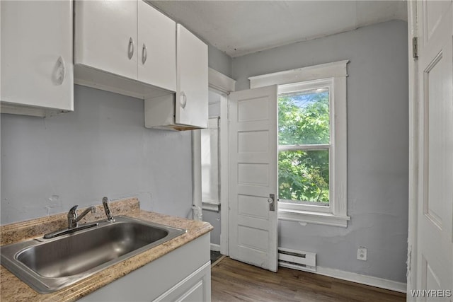 1810 Niagara St, Niagara Falls, NY 14303 - kitchen featuring healthy amount of natural light, a baseboard radiator, white cabinets, and wood finished floors