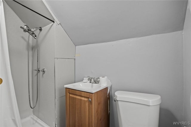 1810 Niagara St, Niagara Falls, NY 14303 - full bathroom with a stall shower, vanity, and vaulted ceiling