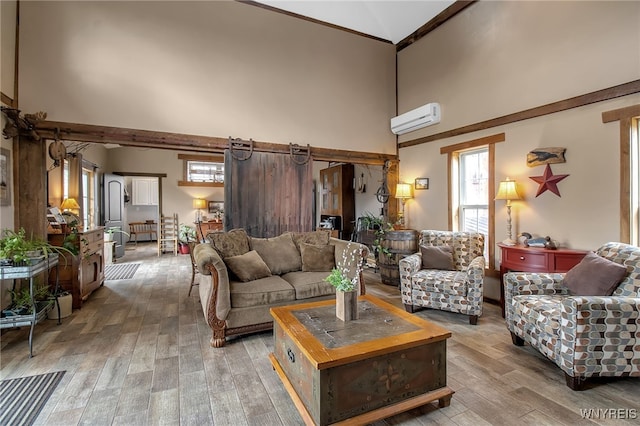 2244 Lockport Olcott Rd, Newfane, NY 14108 - living room featuring a high ceiling, a wall mounted air conditioner, healthy amount of natural light, and light wood finished floors