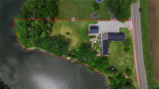 2244 Lockport Olcott Rd, Newfane, NY 14108 - aerial view of property and surrounding area featuring property parcel outlined and a nearby body of water