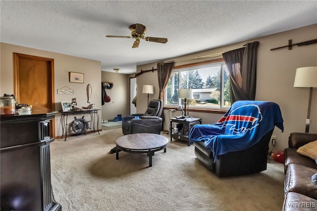 6192 Thornwood Dr, Boston, NY 14075 - living area featuring carpet, a ceiling fan, and a textured ceiling