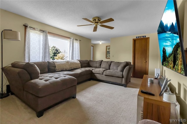 6192 Thornwood Dr, Boston, NY 14075 - living room featuring a ceiling fan, light carpet, and a textured ceiling