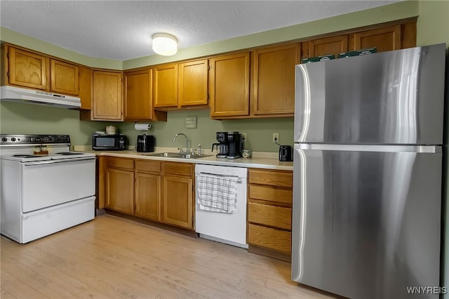6192 Thornwood Dr, Boston, NY 14075 - kitchen featuring white appliances, under cabinet range hood, light countertops, brown cabinetry, and light wood finished floors