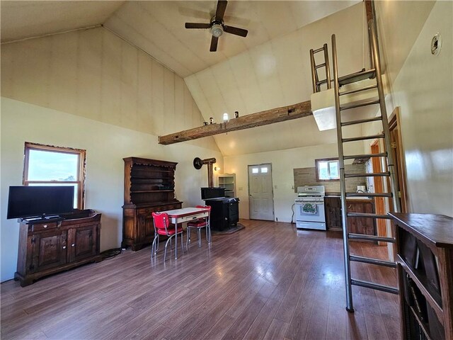 2857 County Route 84, Troupsburg, NY 14885 - living room with high vaulted ceiling, a ceiling fan, wood finished floors, and a wood stove