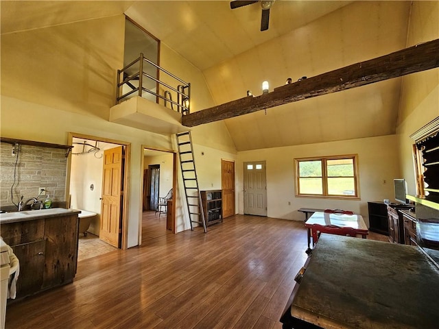 2857 County Route 84, Troupsburg, NY 14885 - interior space with high vaulted ceiling, hardwood / wood-style flooring, and a ceiling fan