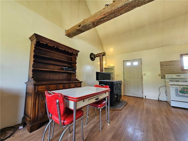2857 County Route 84, Troupsburg, NY 14885 - dining space with beam ceiling, wood-type flooring, and high vaulted ceiling