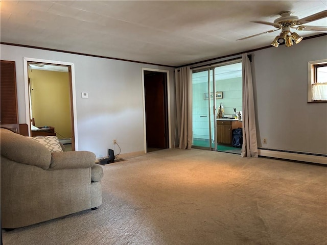 21 Main St, Maryland, NY 12155 - living room featuring a baseboard radiator, carpet flooring, ceiling fan, and ornamental molding
